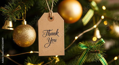 Thank You Tag on Festive Christmas Tree with Golden Ornaments and Lights