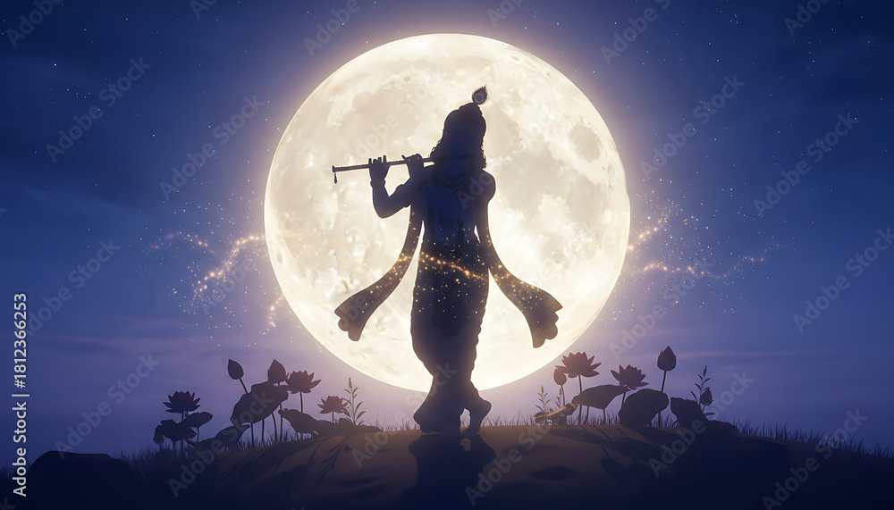 Naklejka premium The shadow of Lord Krishna stands playing the sacred flute amidst the glittering full moon.