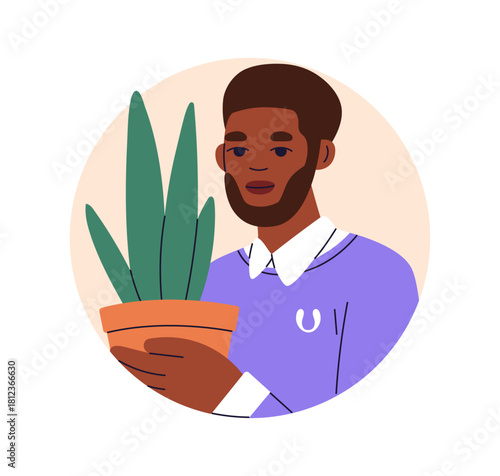 Man avatar with potted plant in hand. Young male portrait, holding leaf houseplant. Round user profile, person with greenery in planter. Flat vector illustration isolated on white background.