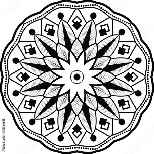 Elegant Mandala Design: A captivating black and white mandala, a symbol of wholeness and spiritual journey, intricately designed with symmetrical patterns and detailed floral and geometric elements.