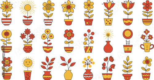 Collection of colorful potted plants and flowers in various decorative vases and pots with abstract patterns