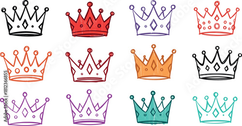 Collection of hand drawn crowns in various colors and styles on a white background representing royalty and celebration