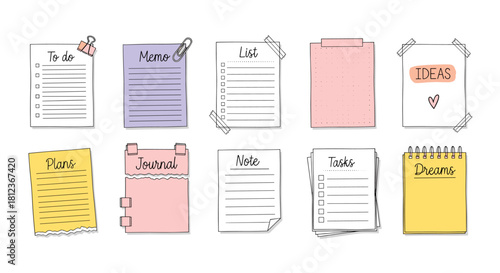 Collection of cute paper notes with different designs, perfect for adding a touch of whimsy to your projects isolated on