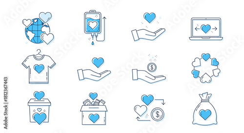 Collection of charity and donation icons, perfect for illustrating your philanthropic efforts and social responsibility isolated on