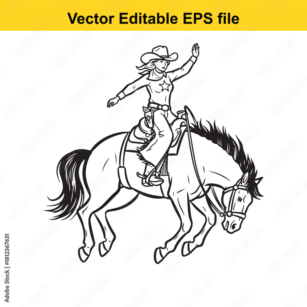 Obraz premium Black and white line art vector illustration of a female cowgirl riding a bucking horse with one hand raised, isolated on