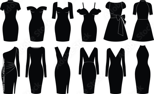 Black dress silhouettes, fashion design inspiration, elegant outfit styles, neckline and sleeve variety, formal wear reference, garment sketch, couture board