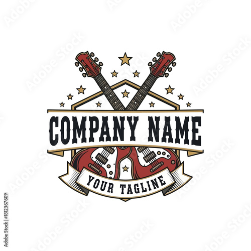 Vintage rock and roll music logo with two crossed red electric guitars and a banner for text.