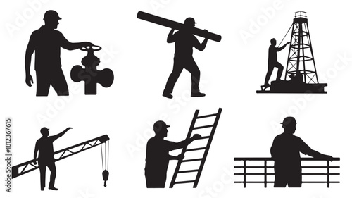 Set of oil and gas industry worker silhouettes vector illustration of industrial occupation isolated on white background