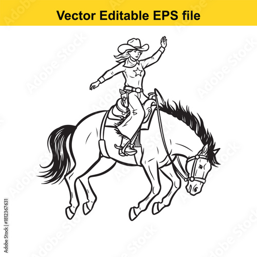 Black and white line art vector illustration of a female cowgirl riding a bucking horse with one hand raised, isolated on