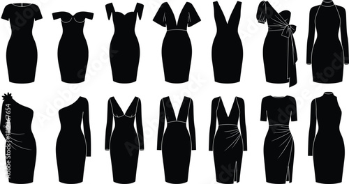 Black dress silhouettes, fashion design reference, elegant outfit styles, formal wear inspiration, neckline variety, sleeve options, garment sketch, couture chart