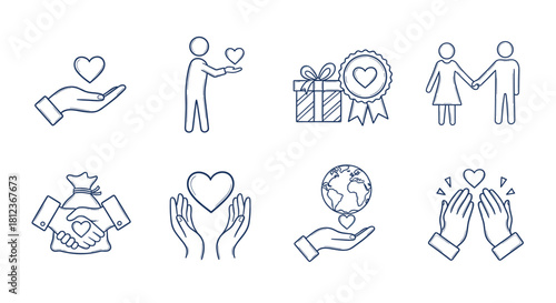 Hand drawn charity and donation icons isolated on set of linear sketches with heart, love, care, support, help, gift, money, people, world and handshake