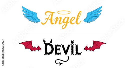 Angel and devil vector illustration isolated on good and bad, heaven and hell concept religious symbol of faith and temptation, morality and sin