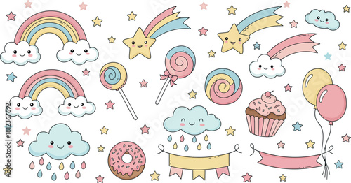 Whimsical hand drawn collection of cute rainbows clouds shooting stars and sweet desserts with pastel colors