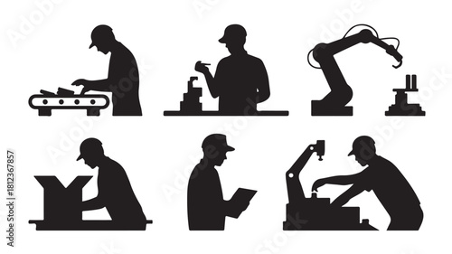 Set of factory worker silhouettes manufacturing and automation process vector illustration isolated on white background