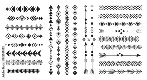 Collection of tribal pattern border isolated on, featuring ethnic and geometric designs for adding a bohemian and artistic touch to any creative project