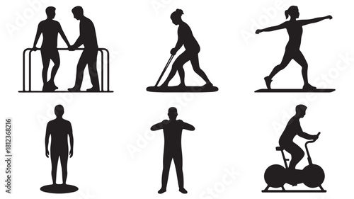Set of rehabilitation exercise icons flat vector silhouette design for physical therapy and recovery programs