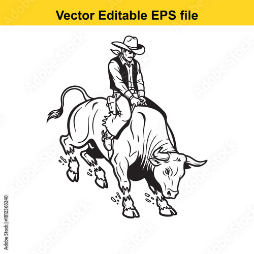 Black and white vector illustration of a cowboy riding a bucking bull in a rodeo competition, isolated on