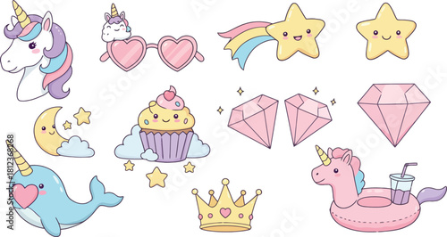 Collection of adorable cartoon unicorns stars rainbows and ice cream cones with party hats