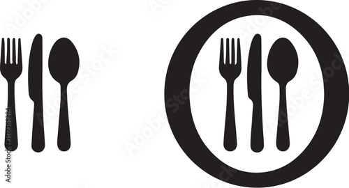 Black Silhouette Icons Of Fork Knife Spoon And Plate With Cutlery Set On White Background Keywords: cutlery, fork, knife, spoon, plate, icon, symbol, restaurant, also transparent background