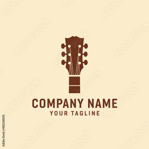 Vintage-style logo featuring a brown guitar headstock for a music brand or shop.