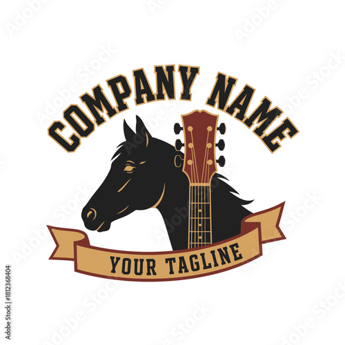 Vintage style logo featuring a black horse head with an acoustic guitar neck, framed by banners for company name and tagline.