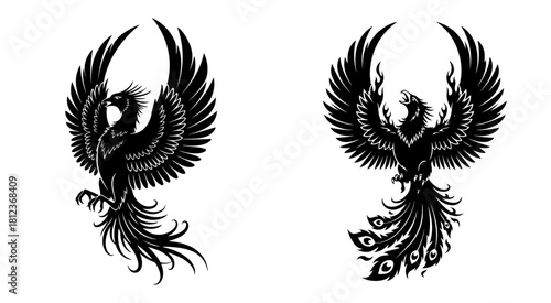 Illustrations of mythical phoenix birds in black and white, symbolizing rebirth and immortality