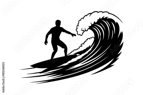 Energetic vector artwork showcasing a lone surfer gracefully conquering a formidable breaking wave, symbolizing freedom and the spirit of summer adventure