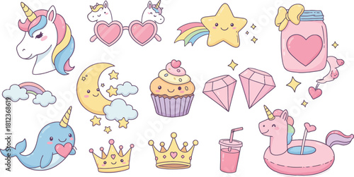 Collection of cute kawaii unicorns stars moon cupcakes and other whimsical fantasy elements in pastel colors