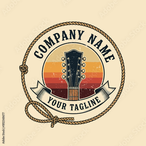 Vintage guitar logo with rope border and sunset background for company name and tagline.