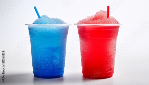 two frozen red and blue slushy in plastic cups on white background