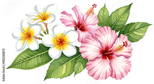 Watercolor illustration of tropical flowers isolated on hibiscus and plumeria flowers with green leaves create a vibrant and exotic floral arrangement
