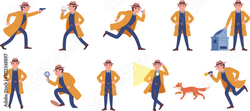Vector set of cartoon detective character in classic trench coat, using gun, magnifying glass, and flashlight for crime investigation.