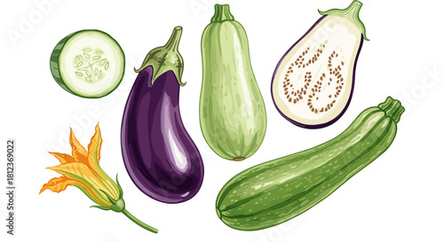 Watercolor illustration of fresh vegetables isolated on, including cucumber, eggplant, zucchini, and squash, perfect for healthy eating and cooking