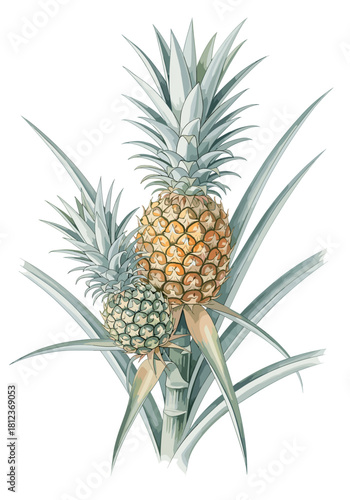 Watercolor illustration of pineapple plant isolated on, featuring two pineapples and leaves, perfect for tropical and exotic themes