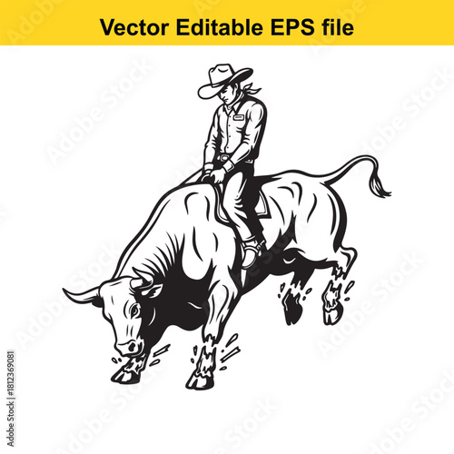 Black and white vector illustration of a cowboy riding a bucking bull in a rodeo competition, isolated on