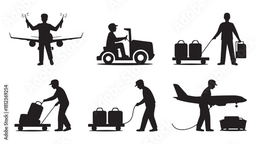 Airport service worker silhouette icons vector set of ground crew staff isolated on white background