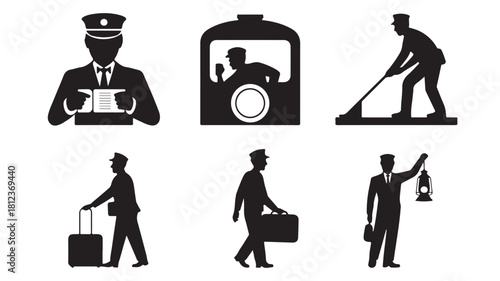 Set of train worker icons simple silhouette vector design element isolated on white background