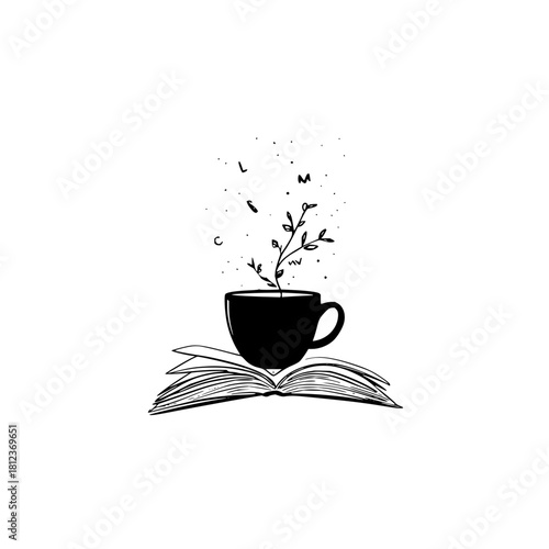 Cup of tea on book with plant growing isolated on