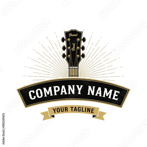 Guitar headstock logo with sunburst and banner for company name and tagline.