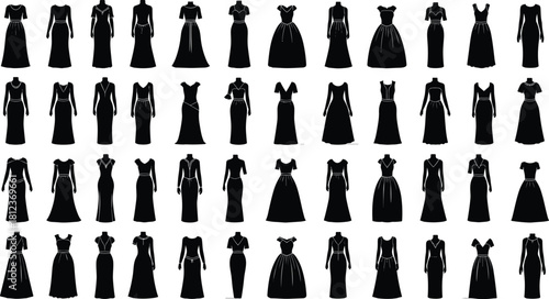 Black dress silhouettes, fashion design, clothing template, garment shapes, style reference, designer resource, outfit variety, neckline, sleeve, skirt styles