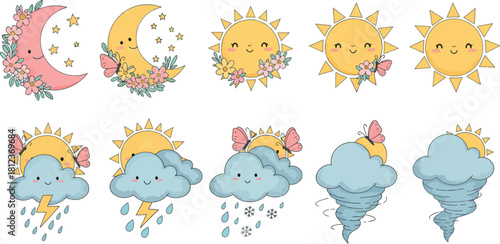 Cute kawaii celestial elements featuring smiling sun moon clouds and stars with floral accents