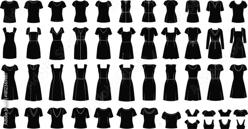 Black dress silhouettes, fashion design reference, garment sketch board, clothing style chart, couture illustration sheet, outfit inspiration grid, designer resource