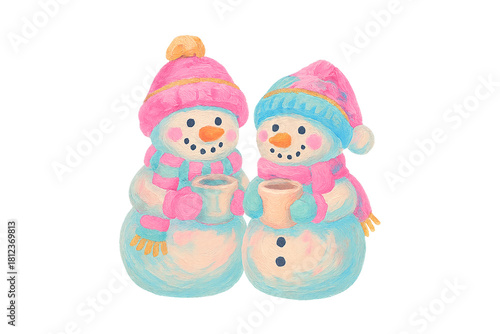 Two cute snowmen drinking hot chocolate watercolor illustration for Christmas illustration Sublimation Design