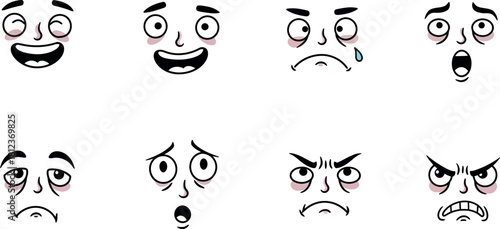 Collection of eight hand drawn cartoon faces expressing a variety of emotions like joy surprise sadness and anger on a white background