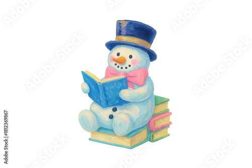 Watercolor snowman reading a book, sitting on a stack of books illustration Sublimation Design