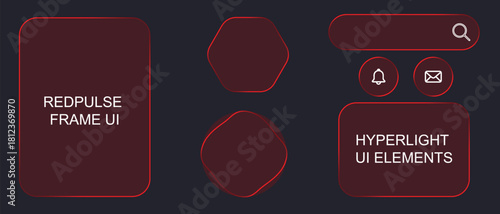 Neon Glowing UI Elements Vector Dark Mode, Liquid Glass Effect, Set of labels for web design