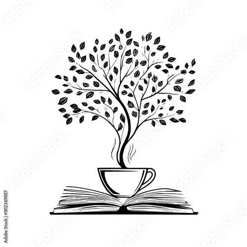 Tree growing from a cup of coffee on an open book isolated on