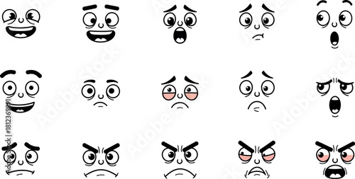 Collection of vintage cartoon faces showing a variety of expressive emotions and reactions in black and white