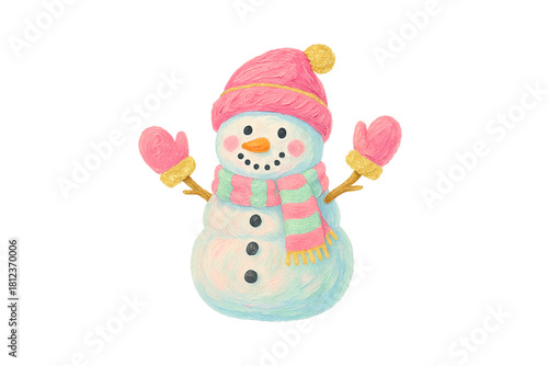 Cute snowman with a pink hat and scarf raising it's arms up in the air illustration Sublimation Design