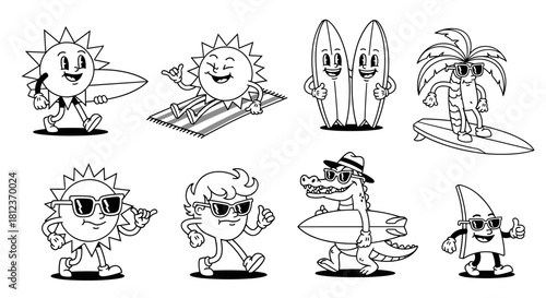 A delightful assortment of cartoon figures, isolated on, captures the essence of summer fun with surfing, sunbathing, and tropical charm in black and white